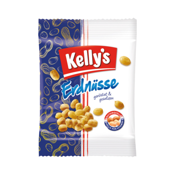 Kelly's Erdnüsse geröstet, gesalzen, Portionspackung, 50g Produktbild, Vorderseite der Verpackung
